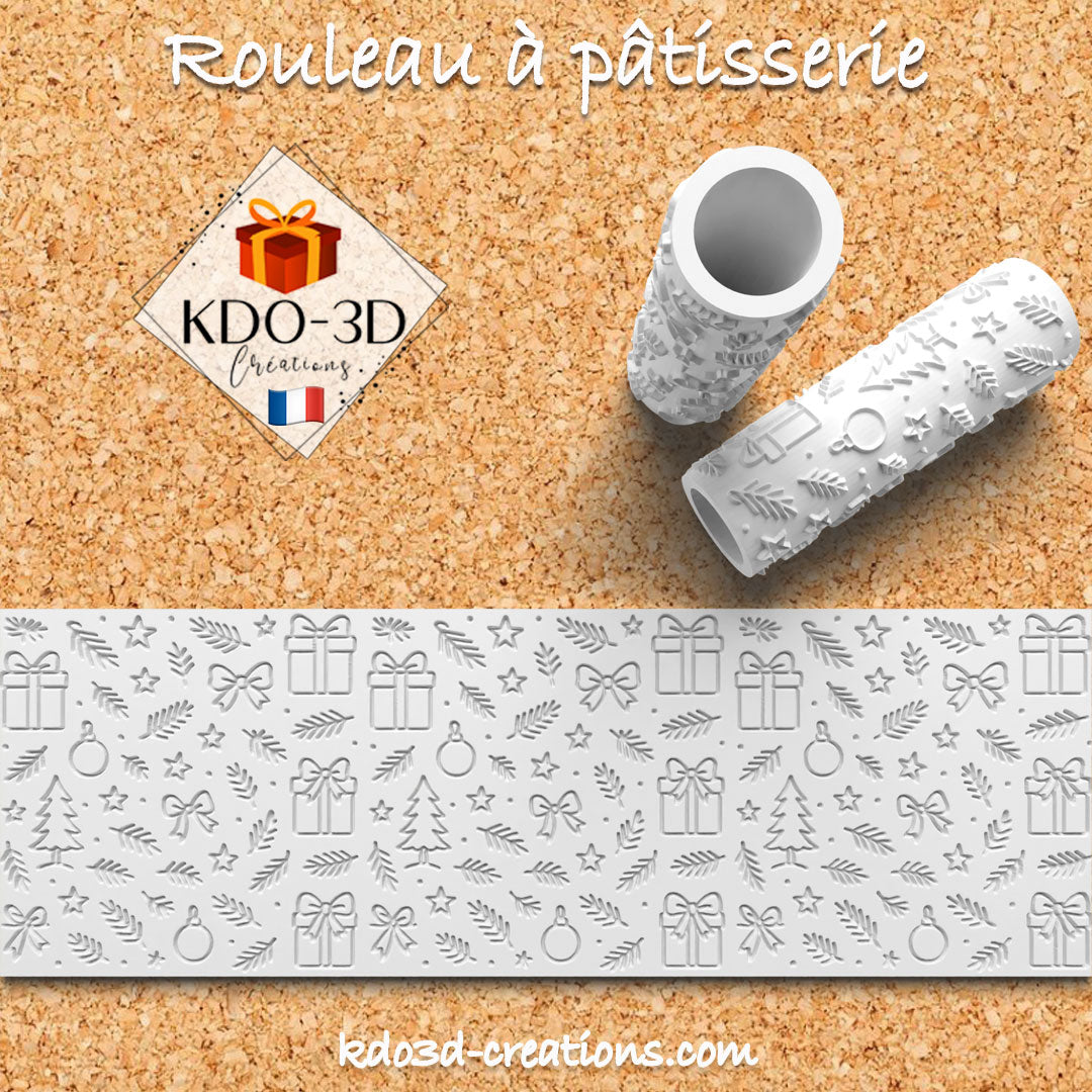 Rouleau à pâtisserie de Noël – Motifs cadeaux, rubans, sapins et boules