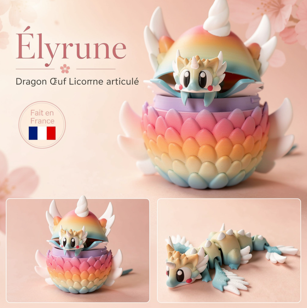 Dragon licorne articulé Élyrune – Figurine 3D pastel