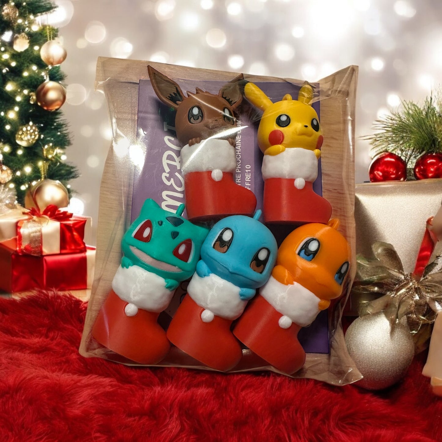 Boules Bottes de Noël Pokémon Evoli, Carapuce, Salamèche, Bulbizarre et Pikachu