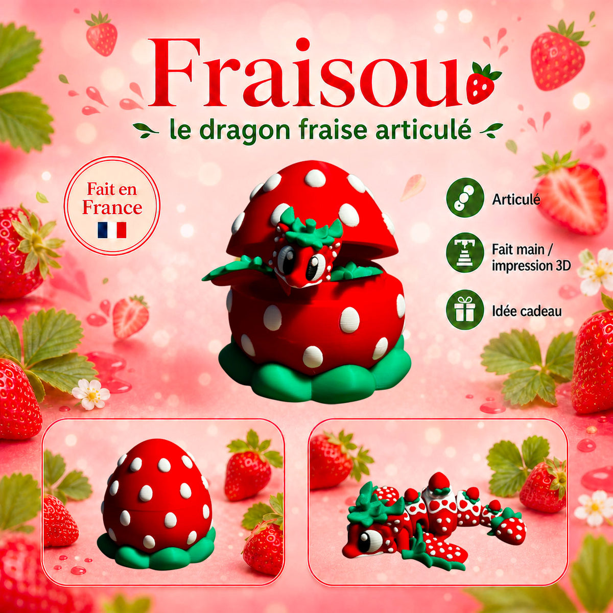 Fraisou – Dragon Fraise Œuf Articulé | Figurine Dragon