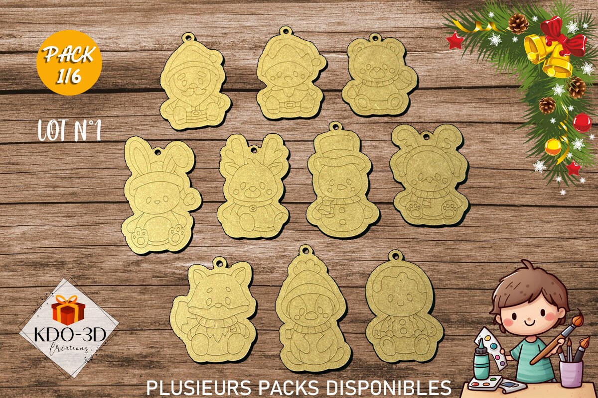 Décorations de Noël en bois à peindre pour enfants - Pack 1/6