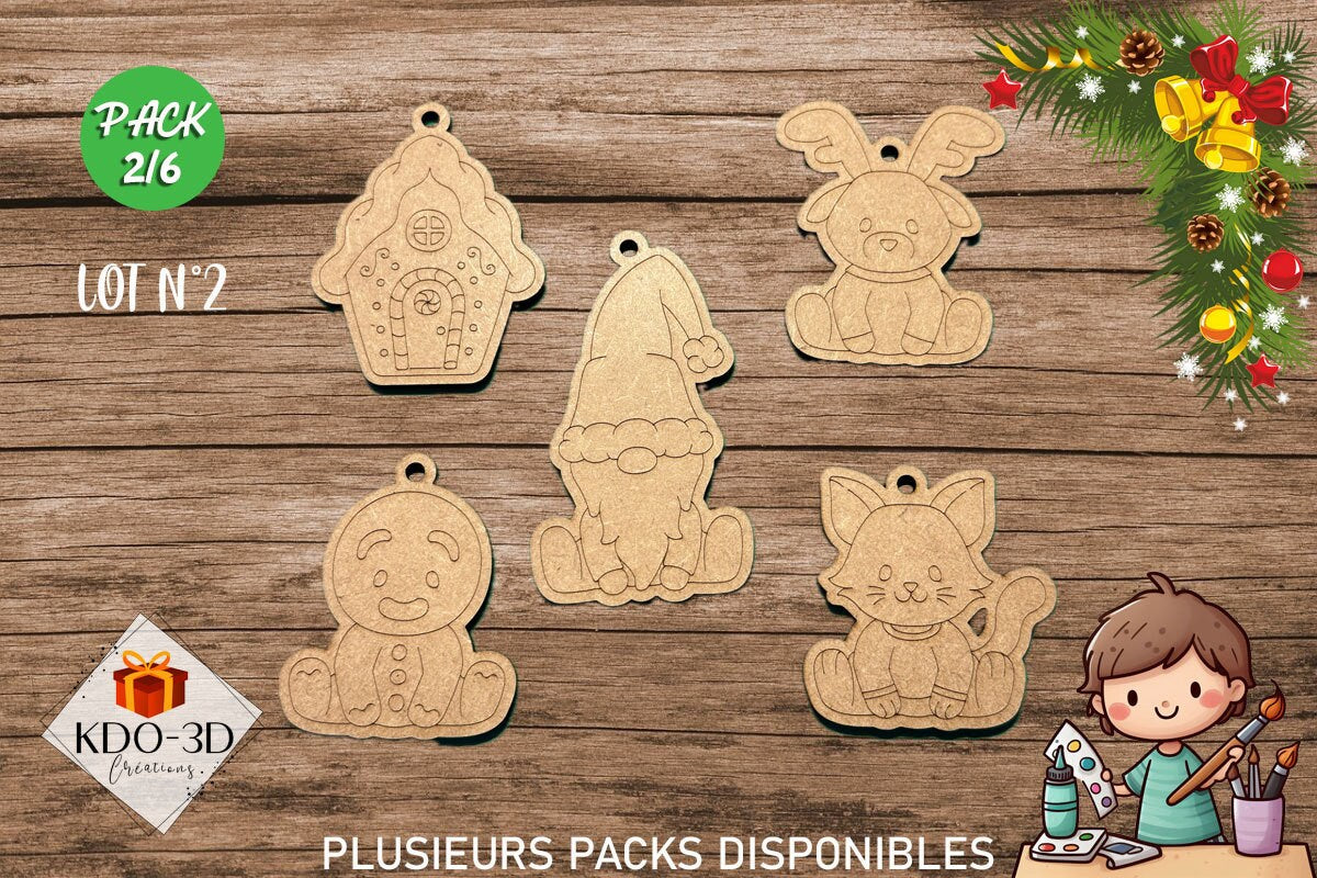 Décorations de Noël en bois à peindre pour enfants - Pack 2/6