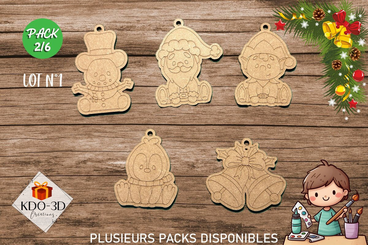 Décorations de Noël en bois à peindre pour enfants - Pack 2/6