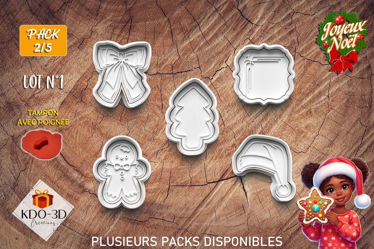 Emporte-pièces de Noël avec tampon gaufrage pour décoration biscuits ou pâte polymère - Pack 2/5