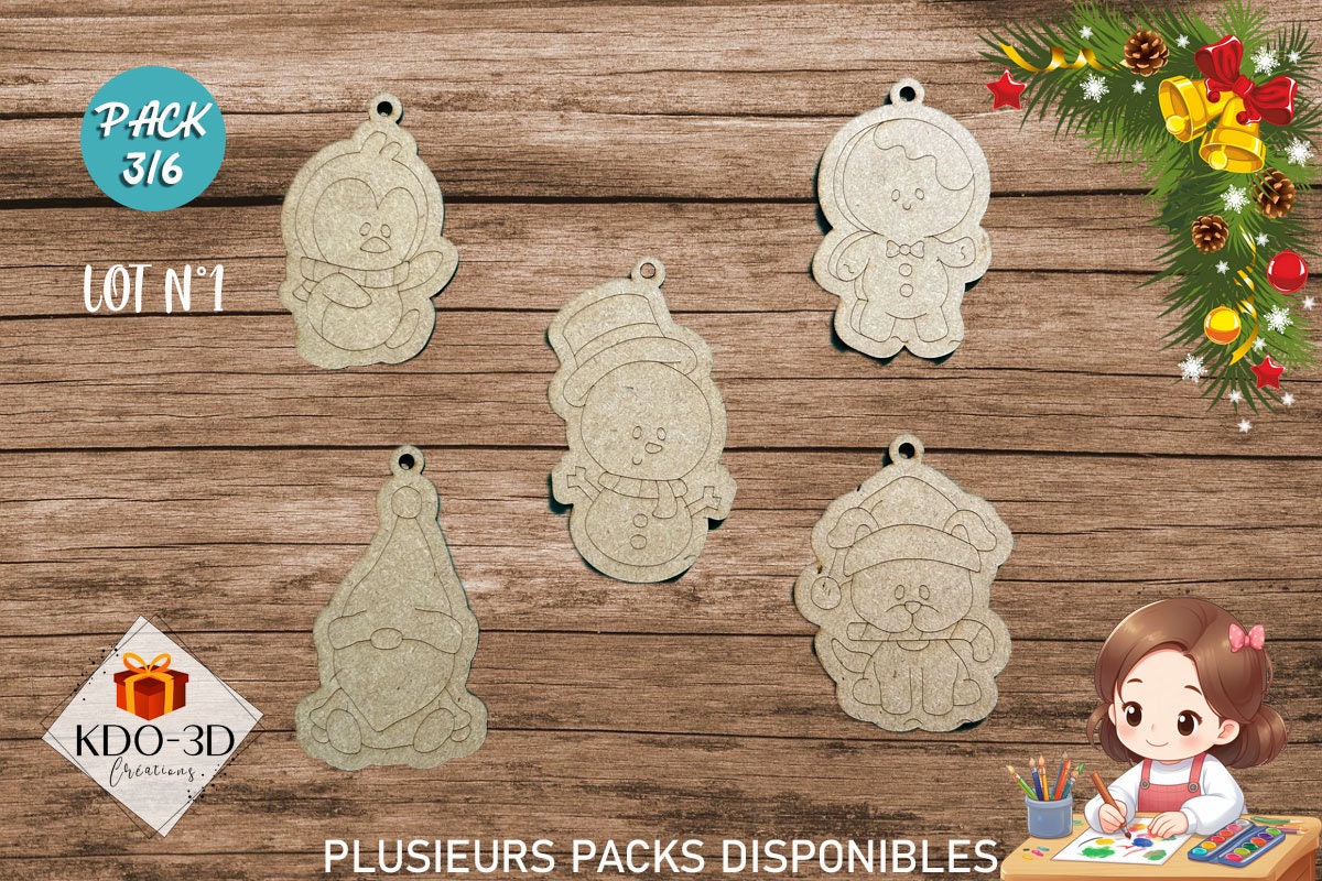 Décorations de Noël en bois à peindre pour enfants - Pack 3/6