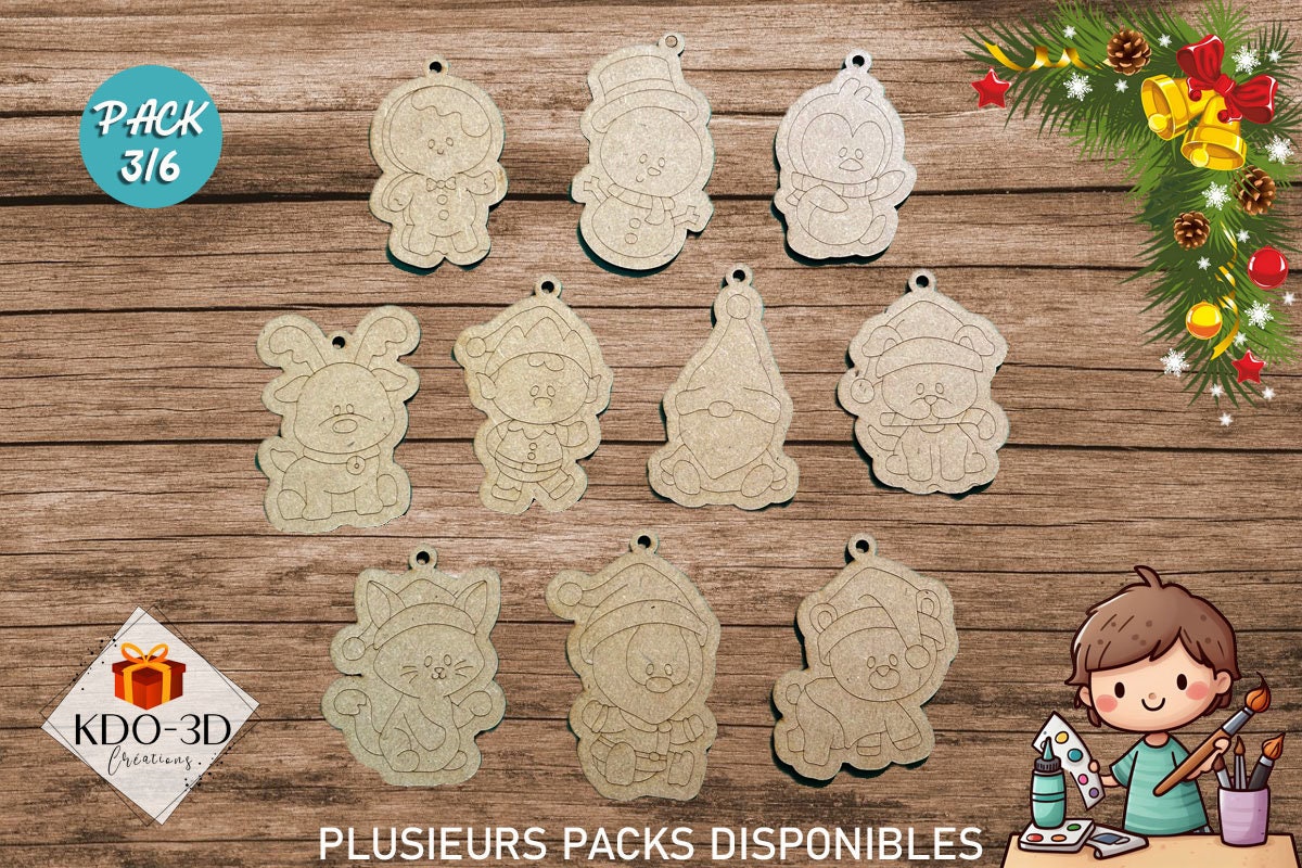 Décorations de Noël en bois à peindre pour enfants - Pack 3/6