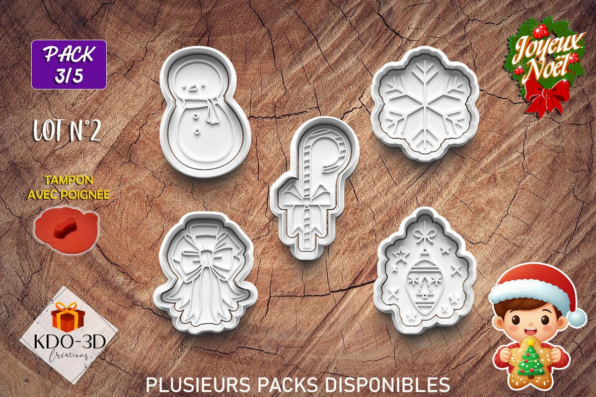 Emporte-pièces de Noël avec tampon gaufrage pour décoration biscuits ou pâte polymère - Pack 3/5