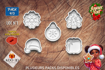 Emporte-pièces de Noël avec tampon gaufrage pour décoration biscuits ou pâte polymère - Pack 4/5