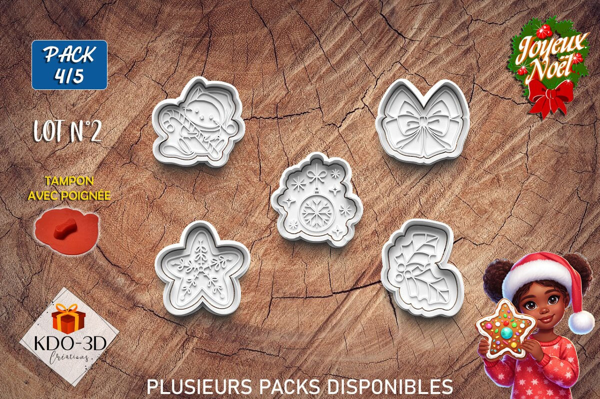 Emporte-pièces de Noël avec tampon gaufrage pour décoration biscuits ou pâte polymère - Pack 4/5