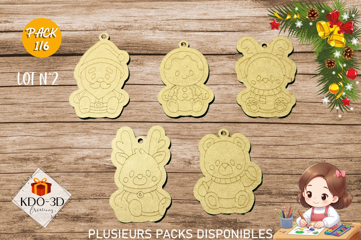 Décorations de Noël en bois à peindre pour enfants - Pack 1/6