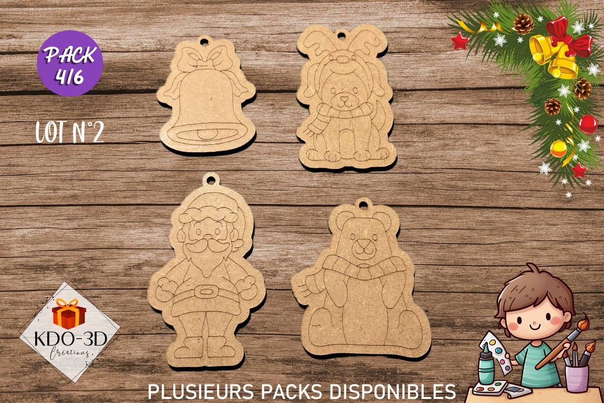 Décorations de Noël en bois à peindre pour enfants - Pack 4/6