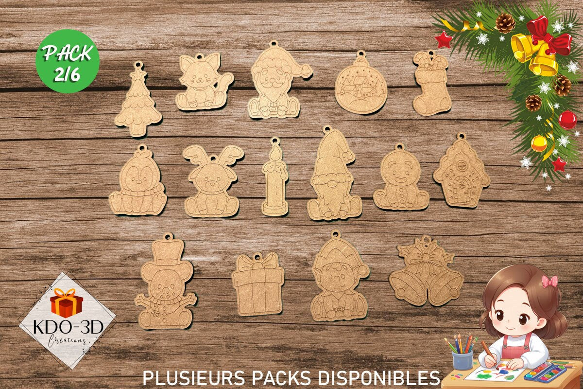 Décorations de Noël en bois à peindre pour enfants - Pack 2/6