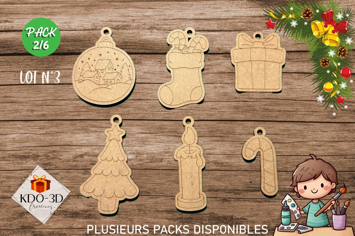 Décorations de Noël en bois à peindre pour enfants - Pack 2/6