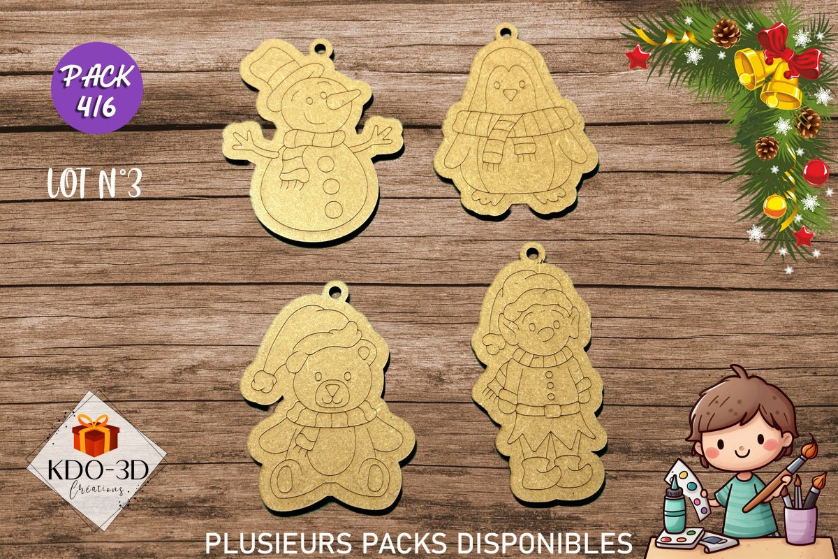 Décorations de Noël en bois à peindre pour enfants - Pack 4/6