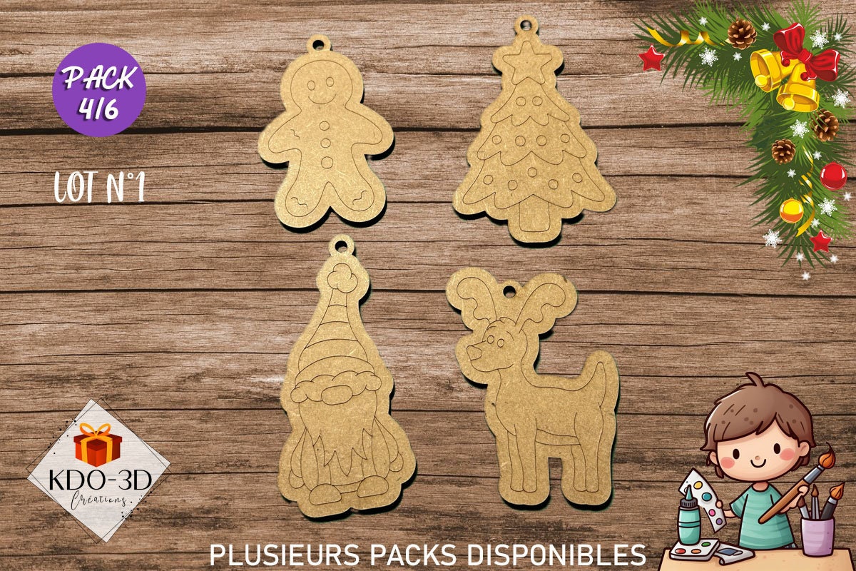 Décorations de Noël en bois à peindre pour enfants - Pack 4/6