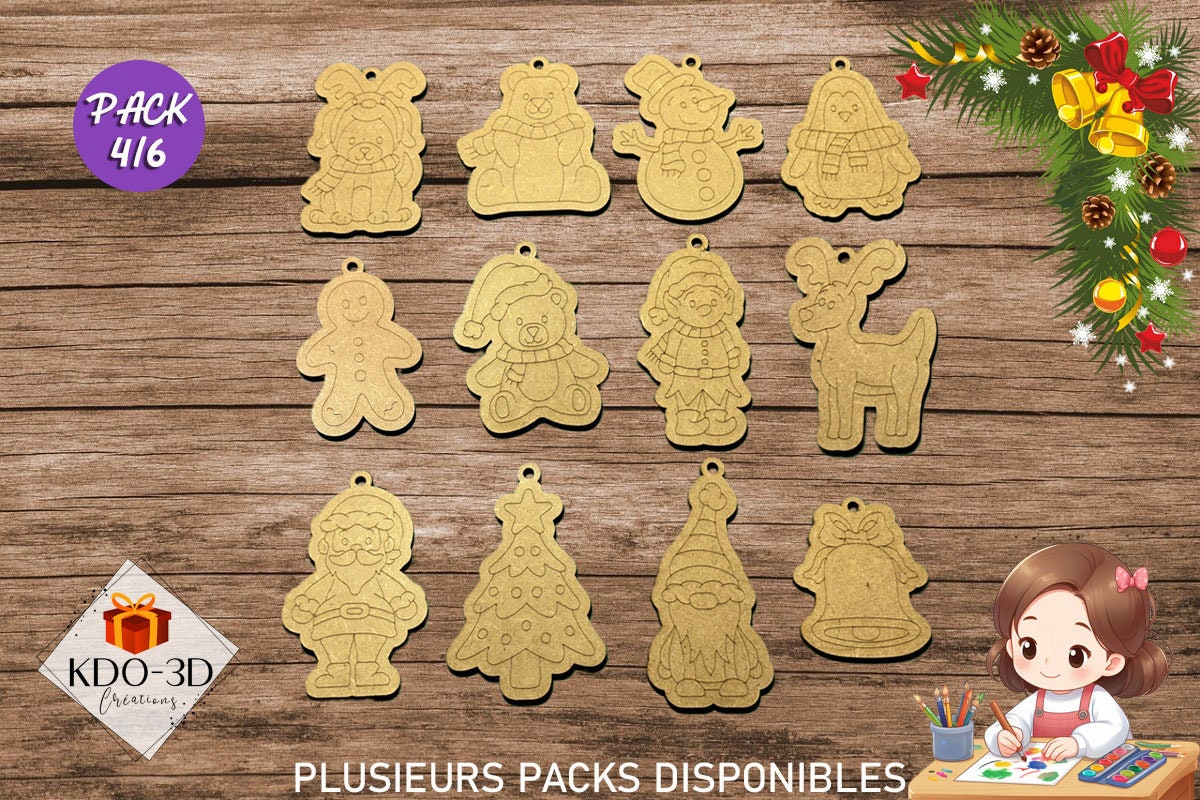 Décorations de Noël en bois à peindre pour enfants - Pack 4/6